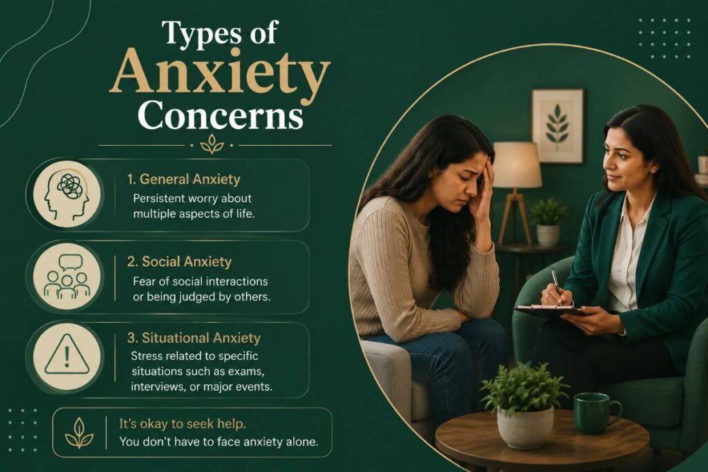 Types of Anxiety Concerns infographic showing general anxiety, social anxiety, and situational anxiety with professional mental health counseling support