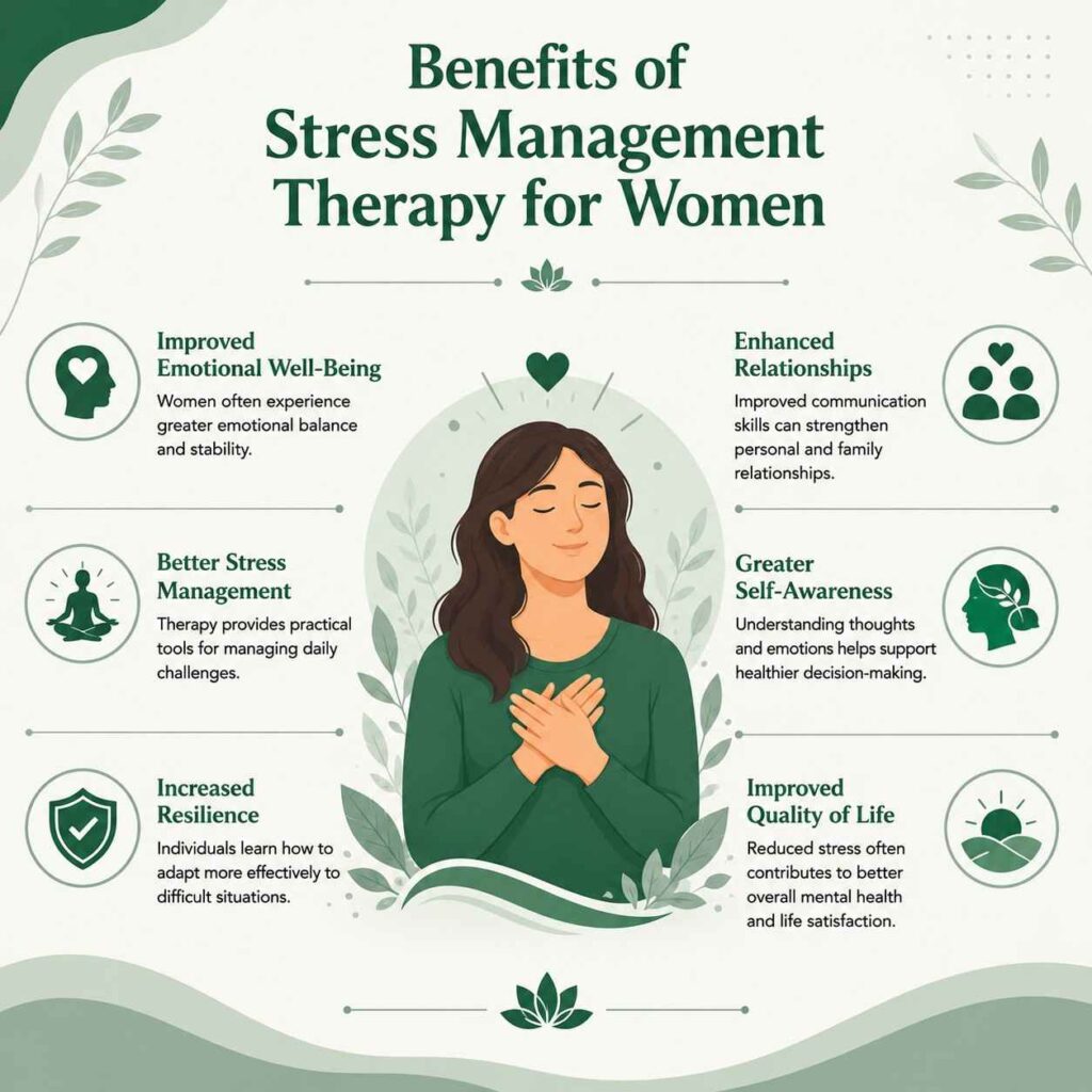 Benefits of Stress Management Therapy for Women including emotional well-being, resilience, self-awareness, stronger relationships, and improved quality of life