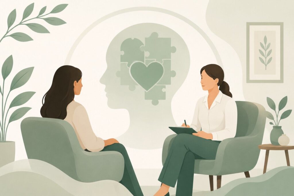 How to Choose the Right Psychologist for Therapy illustration showing a client consulting a psychologist in a supportive counselling environment