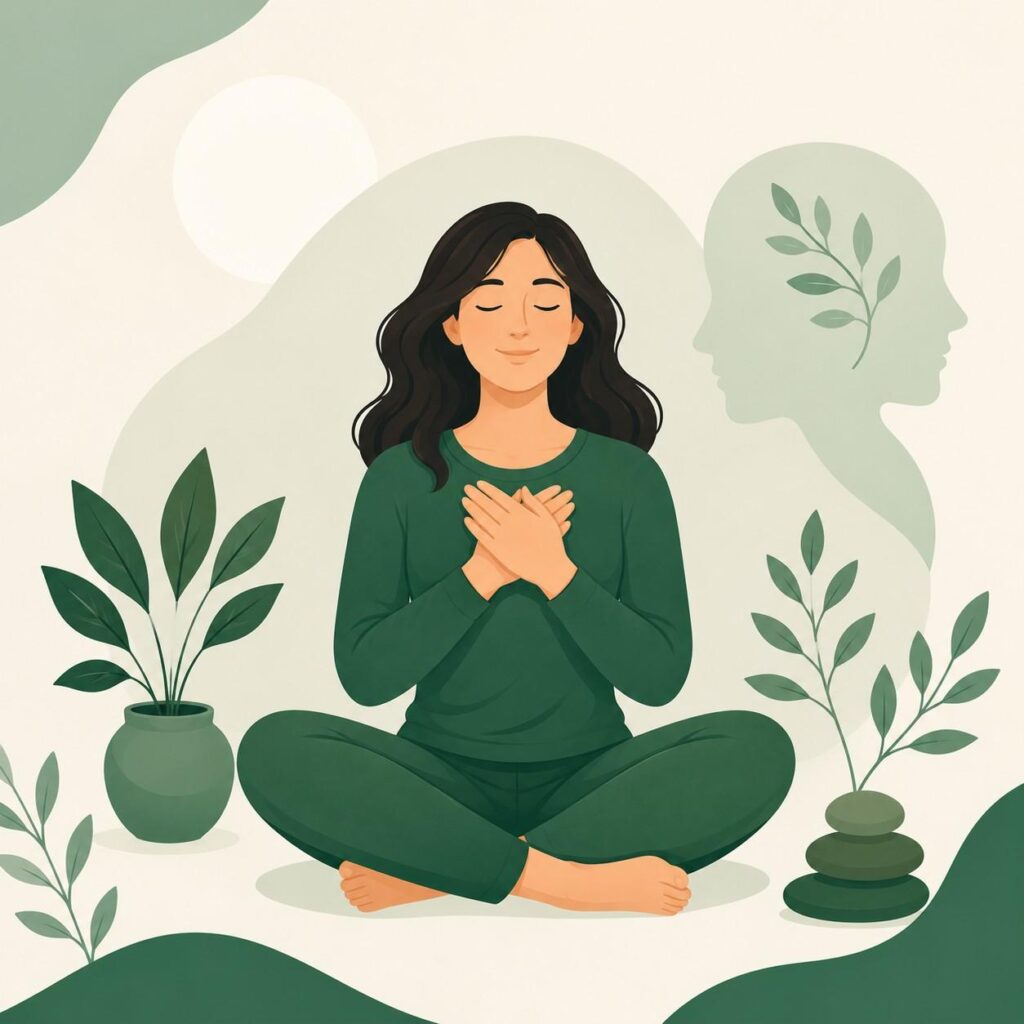 Stress Management Therapy for Women illustration showing emotional balance, mindfulness, self-care, and professional psychological support
