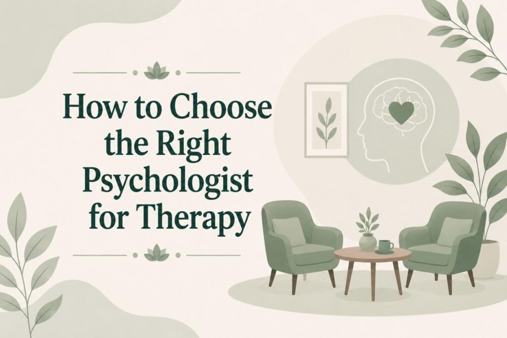 How to Choose the Right Psychologist for Therapy feature image showing a therapy setting, mental wellness, and professional psychological support