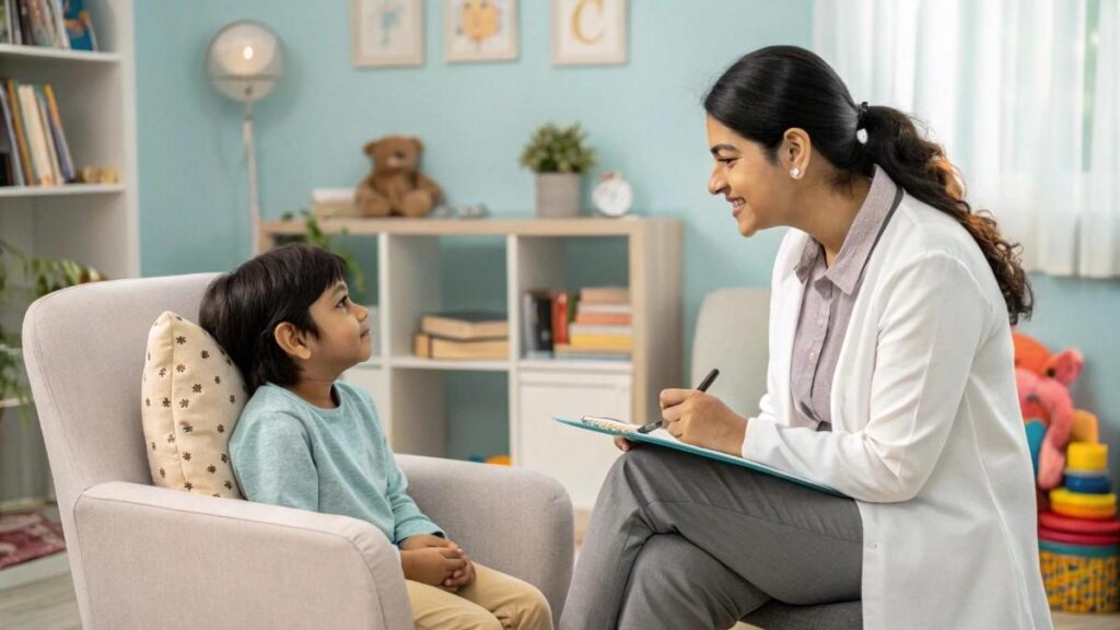 Lady Psychologist in Kalamassery conducting child counselling and behavioral assessment in a child-friendly therapy setting.