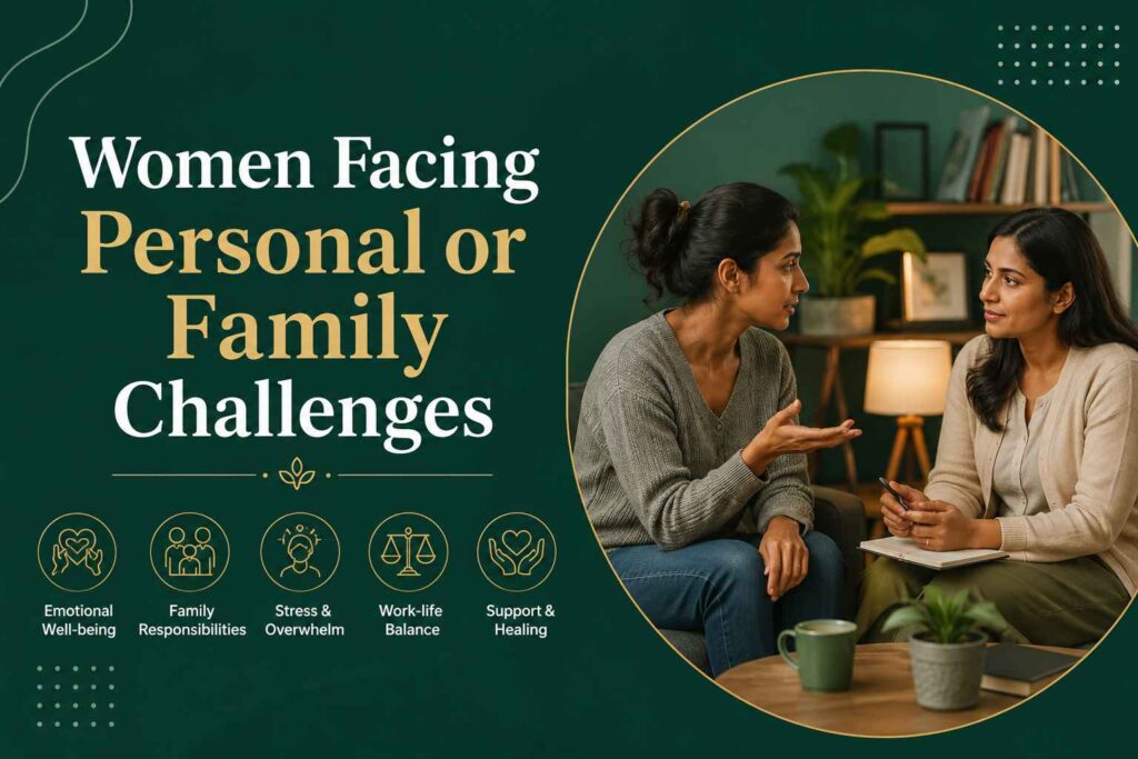Lady Psychologist for Individual Counselling helping a woman facing personal or family challenges in a supportive counselling session.