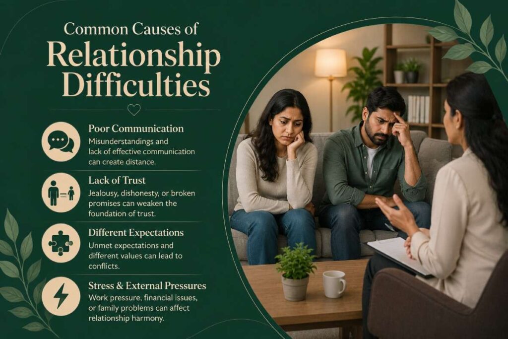 Common Causes of Relationship Difficulties including poor communication, lack of trust, different expectations, and external stress affecting couples