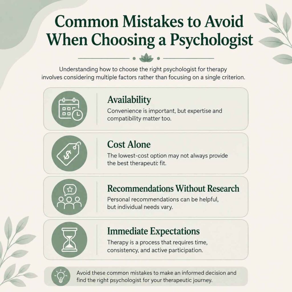 Common mistakes to avoid when choosing a psychologist including focusing only on availability, cost, recommendations, and unrealistic therapy expectations