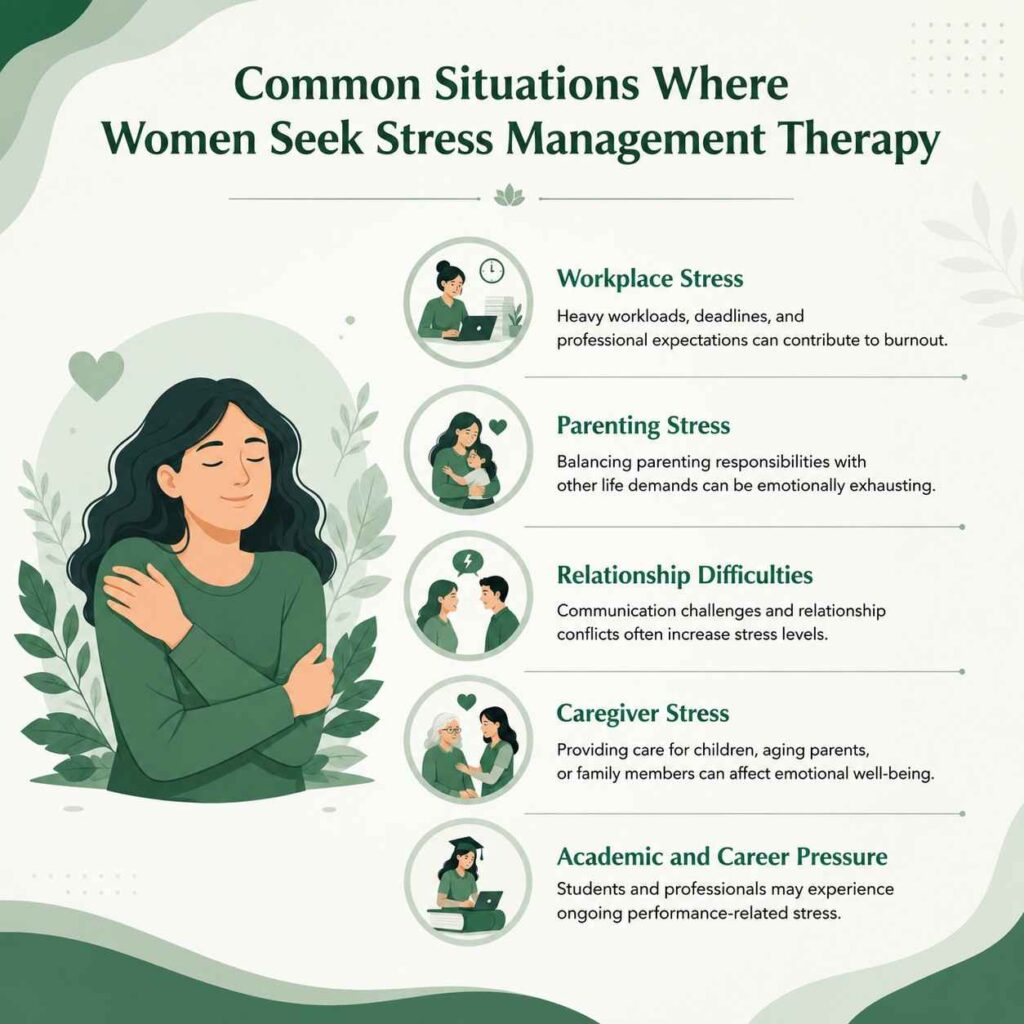 Common situations where women seek stress management therapy including workplace stress, parenting stress, relationship difficulties, caregiver stress, and academic pressure