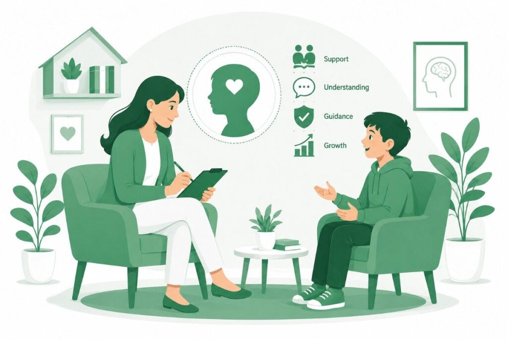 Kerala Psychologist in Germany illustration showing child and adolescent counselling in a warm, supportive environment, with a psychologist helping a young client through age-appropriate therapeutic guidance.