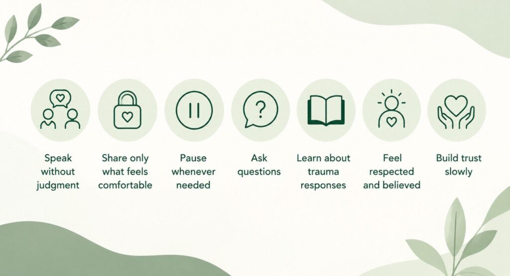 Simple blog banner illustrating supportive counselling principles with minimal icons and calming green tones, highlighting respectful communication, trust, and trauma-informed care.