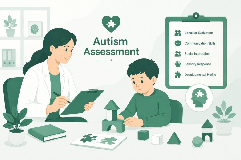 Kerala Psychologist in Germany illustration showing a professional Autism Assessment in a calm, child-friendly consultation setting with structured behavioural evaluation.