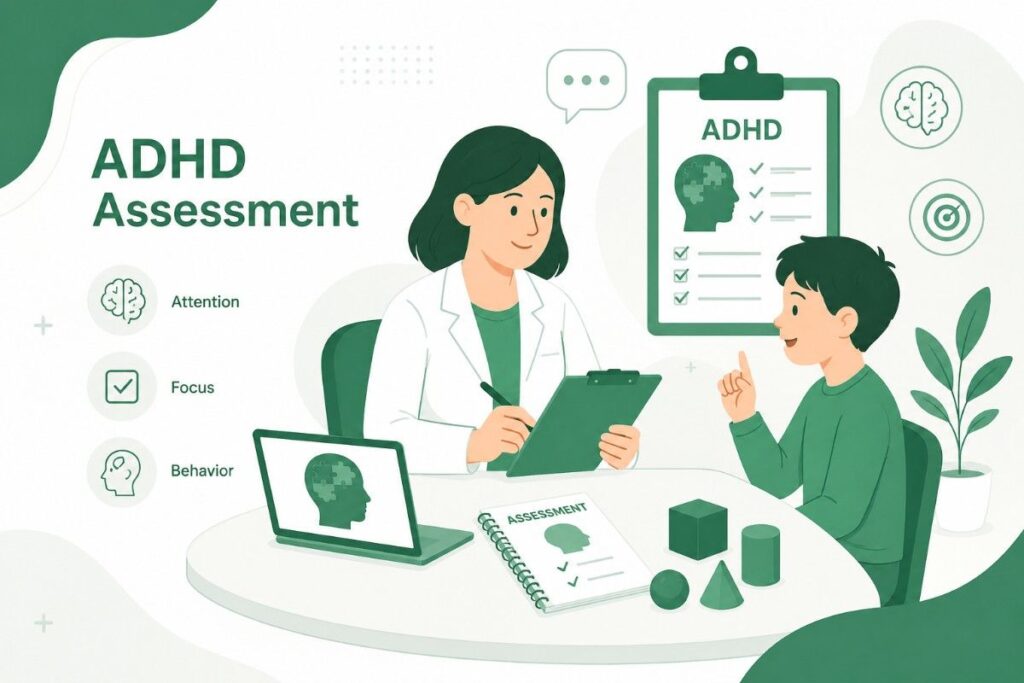 Kerala Psychologist in Germany illustration depicting a professional ADHD assessment with a psychologist conducting a structured evaluation in a calm and supportive consultation setting.