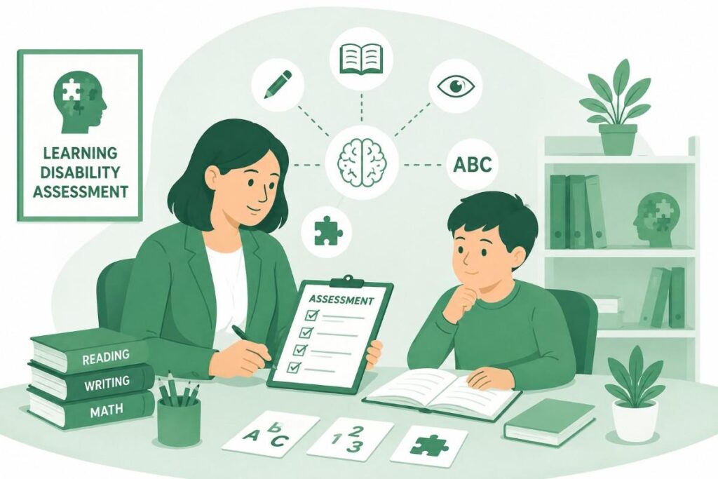 Kerala Psychologist in Germany illustration depicting a Learning Disability Assessment with a psychologist evaluating reading, writing, memory, attention, and academic skills.