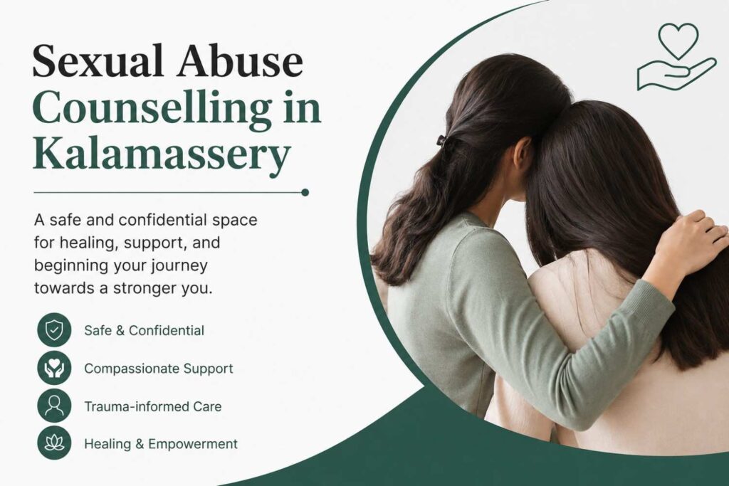 Featured image for Sexual Abuse Counselling in Kalamassery, showing a supportive embrace between two individuals with a calm green-and-white design that represents safety, compassion, healing, and confidential emotional support.