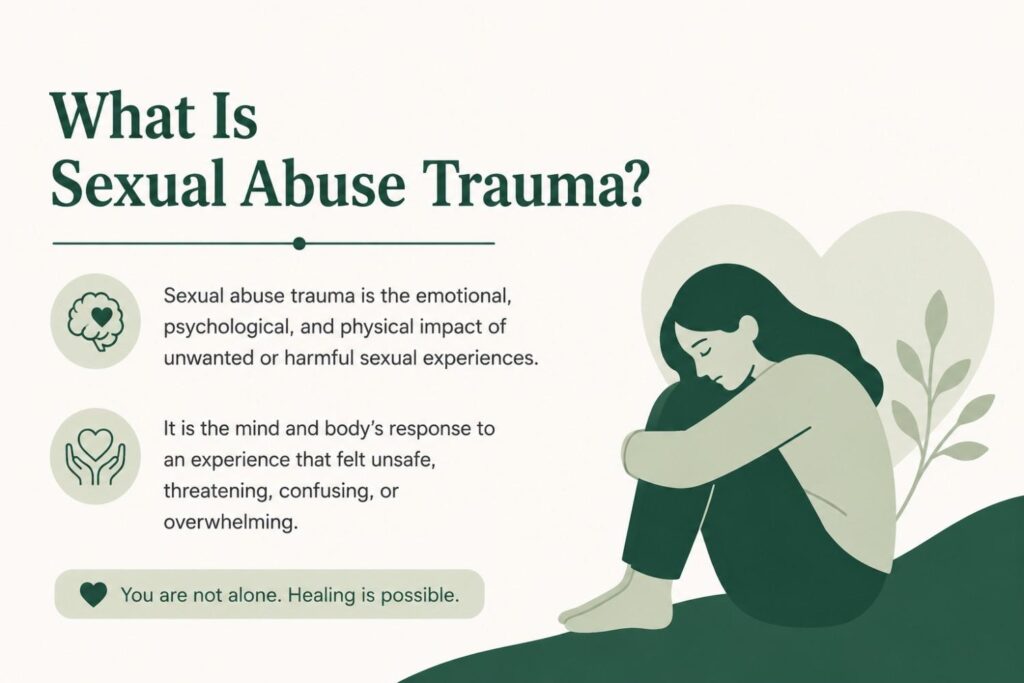 Simple educational infographic explaining sexual abuse trauma, featuring a thoughtful illustration and concise information about the emotional, psychological, and physical effects of traumatic experiences in a calming green-and-white design.
