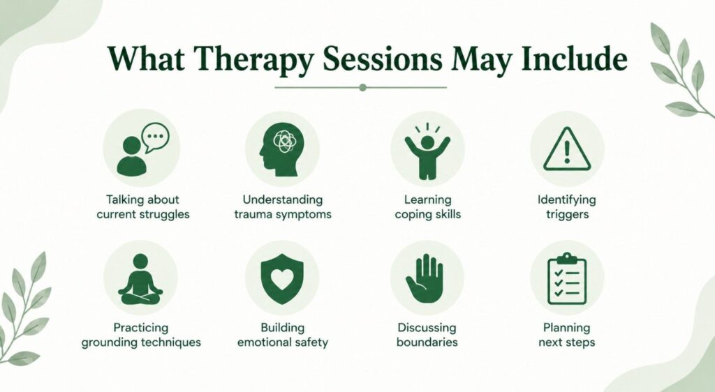 Minimal blog banner illustrating key elements of trauma-informed therapy sessions, featuring simple icons and calming green tones that represent communication, coping skills, emotional safety, boundaries, and recovery.
