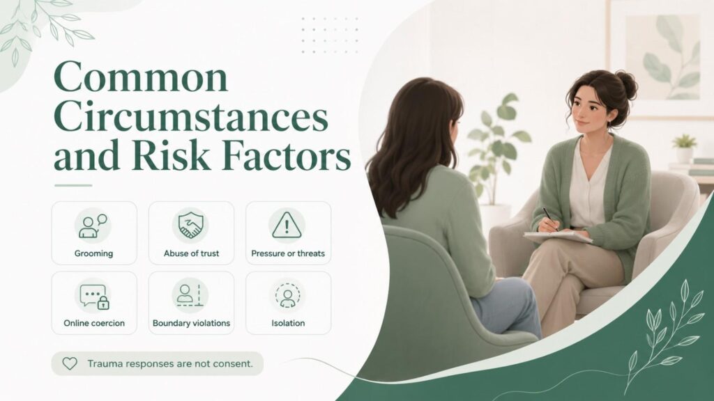 Illustration showing a supportive counselling session with icons for grooming, abuse of trust, pressure, online coercion, boundary violations, and isolation.