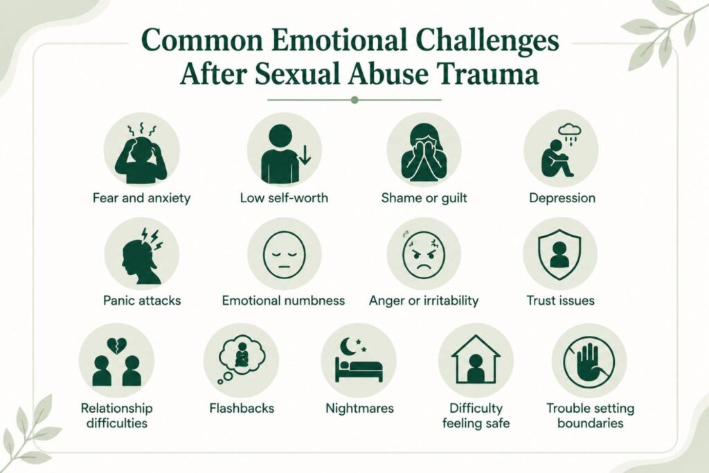 Simple educational infographic highlighting common emotional effects of sexual abuse trauma, including fear, anxiety, low self-worth, shame, depression, trust issues, flashbacks, and nightmares, using clear icons and a calming green-and-white design.