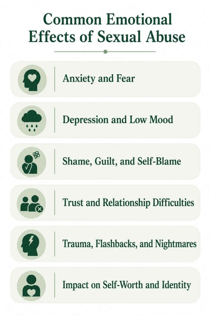 Simple educational infographic outlining the common emotional effects of sexual abuse, featuring headings such as anxiety and fear, depression, shame and self-blame, trust difficulties, trauma, and self-worth in a calming green-and-white design.