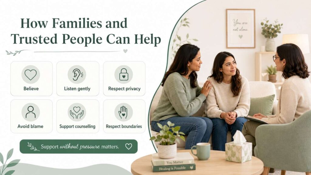 Supportive family member, trusted person, and counsellor helping a survivor through gentle listening, privacy, belief, and respect for boundaries.
