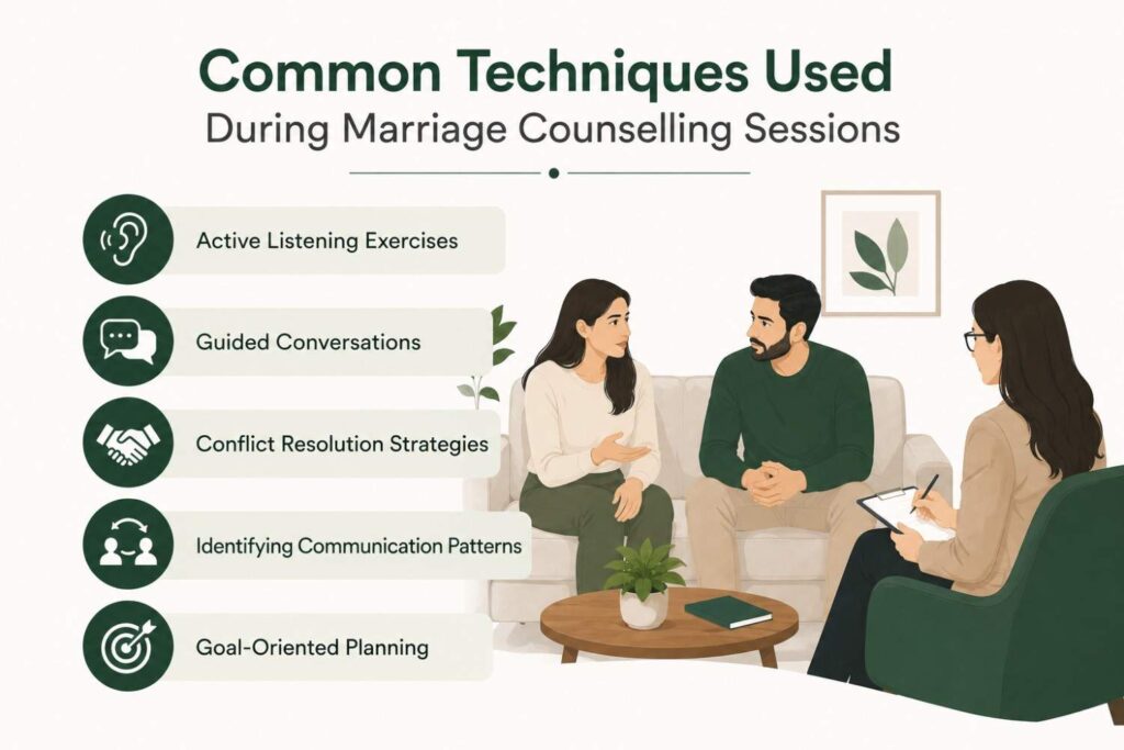 Infographic illustrating common techniques used during marriage counselling sessions, including active listening exercises, guided conversations, conflict resolution strategies, identifying communication patterns, and goal-oriented planning.