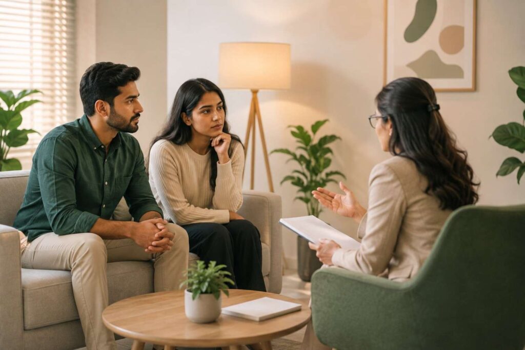 A professional marriage counselling session showing a therapist speaking with a couple in a calm, welcoming counselling office.