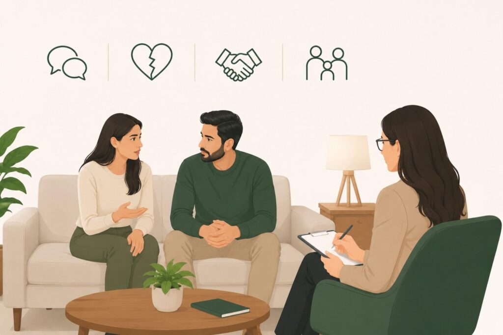 Illustration of a couple attending a marriage counselling session with a professional therapist, representing communication, conflict resolution, and relationship support.