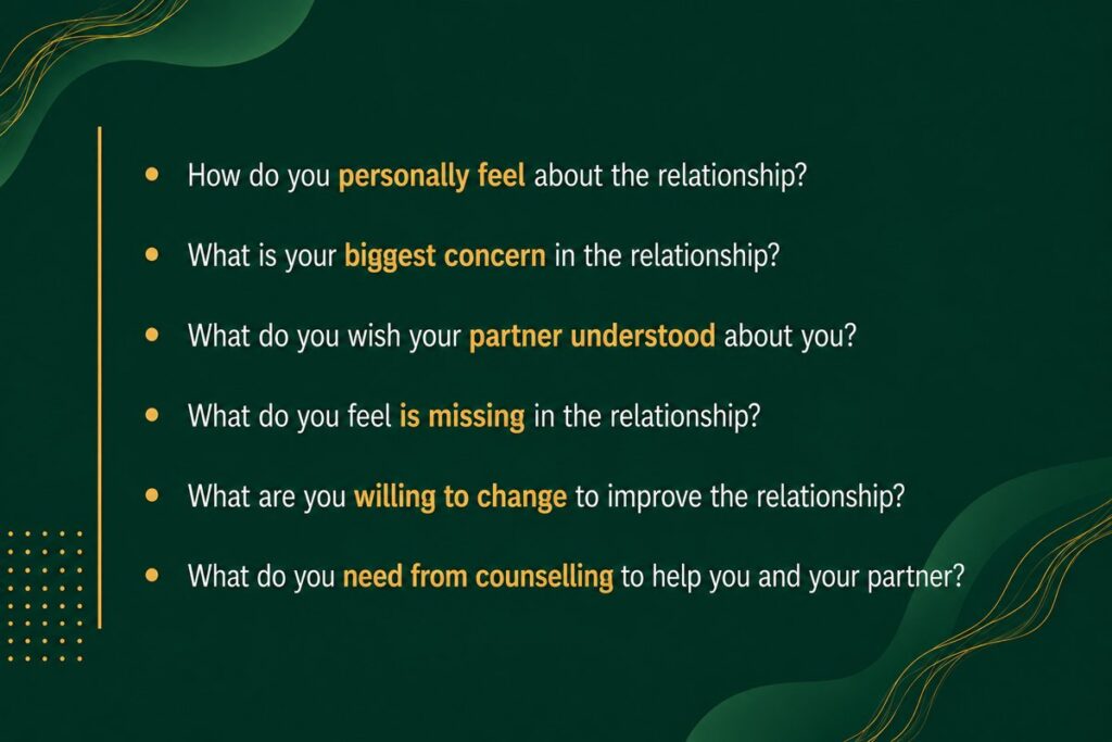 Questions about individual feelings and concerns in marriage counselling