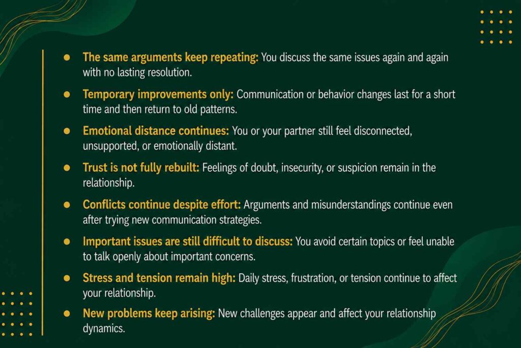 Signs that more marriage counselling sessions may be helpful for couples experiencing ongoing relationship difficulties